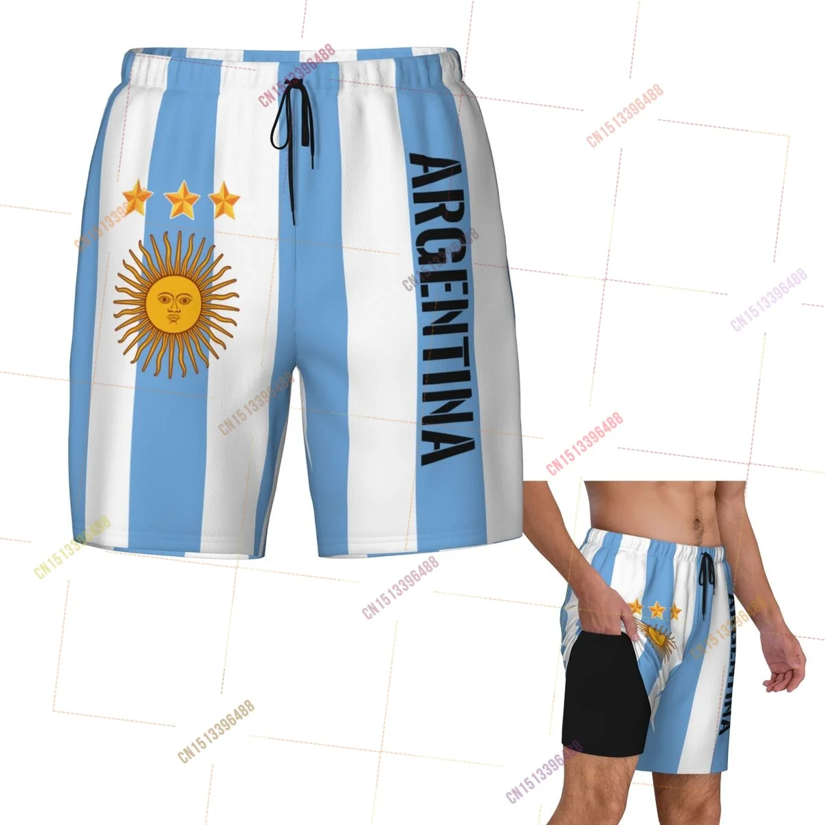 Argentina 3 Stars Flag Top Print 3D Mens Swimming Trunks Hawaiian Bathing Beach 2 in 1 Quick-Dry Summer Swim Shorts With Pockets
