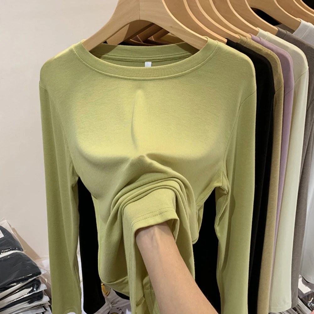 Fashion Long Sleeved T-shirt Women's Solid O-Neck Ice Silk Bottoming Shirt Spring Autumn New Pullover Simple Casual Tops