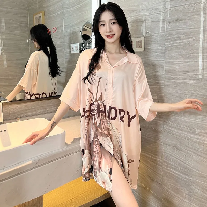 Ice Silk Nightdress Ms. Summertime Short Sleeve Thin Shirt Dress Sense of Advanced Loose Sweet Can Be Worn Outside Nightdress