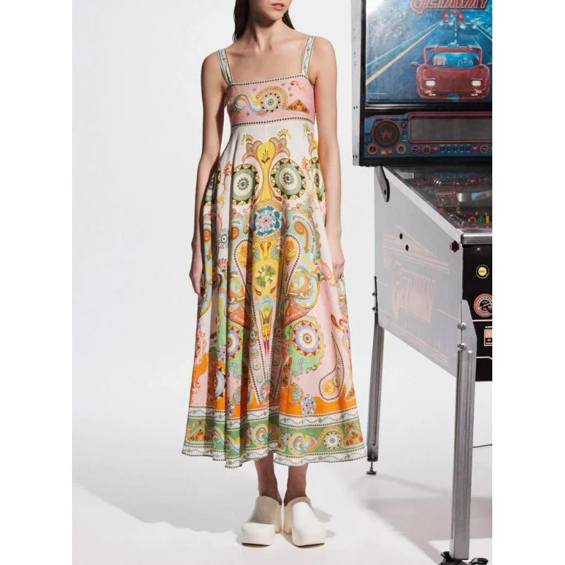 

2025 New Sexy Suspender Graffiti Cotton and Linen Printed off-Neck Large Swing Women's Clothing Dress C001