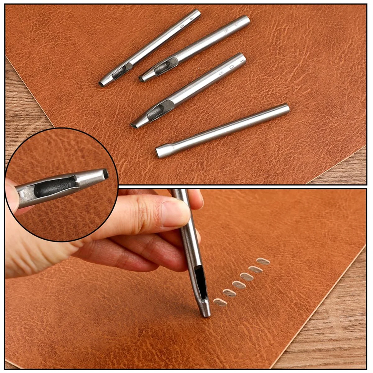 6 Sizes Oval Hole Punch for Leather 6mm-10mm Hollow Leather Crafting Hand Punching Tool Kit for Leather Crafting