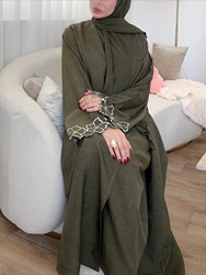 Eid Muslim Long Dress with Abaya 2 Piece Set for Women Embroidery Cardigan Robe Ramadan Arab Open Abayas Modest Vestidos Suit