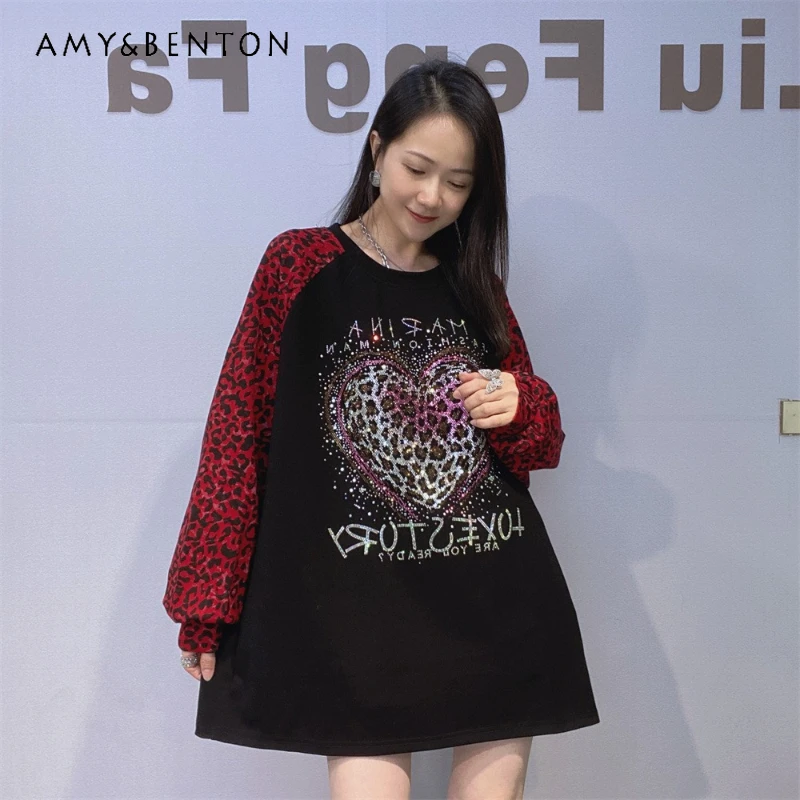 

Autumn Long Sleeves Crew Neck Mid-Length Sweatshirt For Women's Loose Fit Oversized Top Rhinestones Leopard Print Sweatshirts