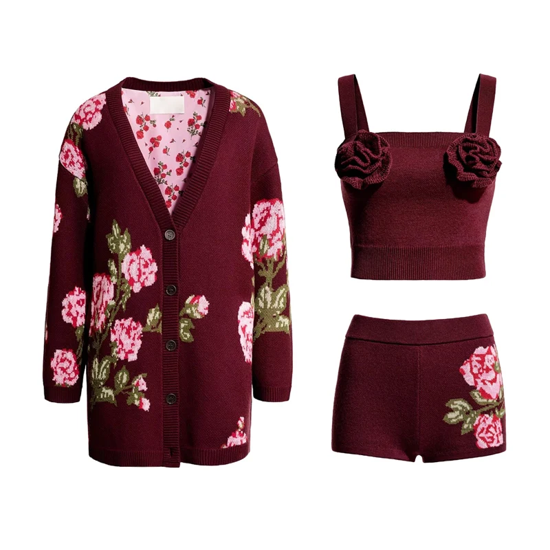 ชุดเสื้อถักปักลายกุหลาบ พร้อมเสื้อคอวีแขนยาว และสายรัดติดกุหลาบเข้าชุด แฟชั่นฤดูร้อนสำหรับผู้หญิง