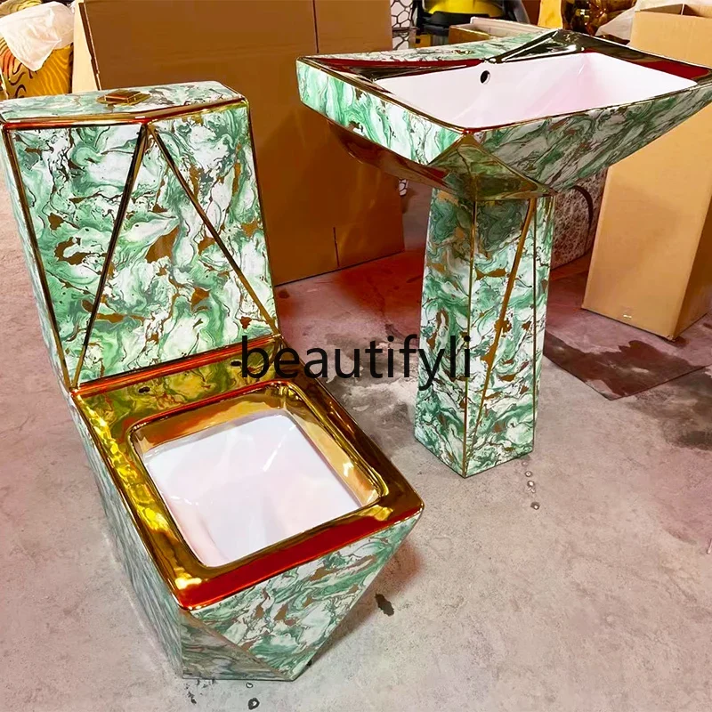 European style golden toilet column type wash basin light luxury toilet column basin wash basin