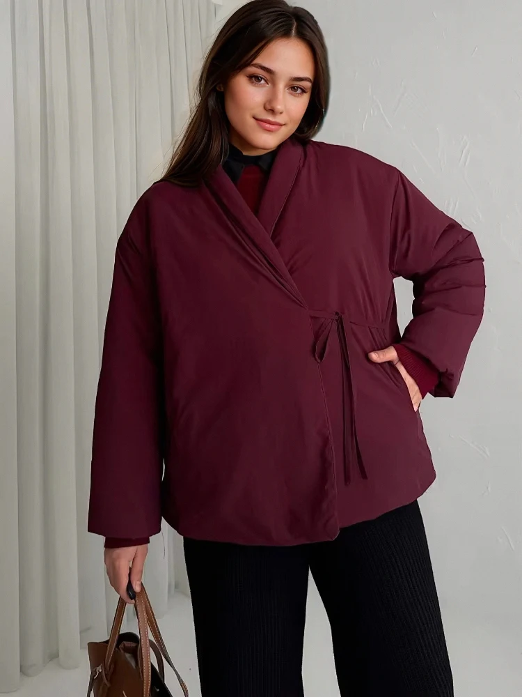 

Fashion Casual Jacket Women 2025 New Autumn Winter Loose V-neck Lace Up Cotton Parkas Coat Vintage Thick Warm Quilted Outerwear