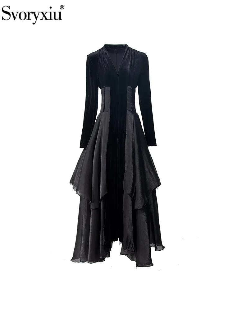 Svoryxiu Fashion Runway Autumn Party Black Elegant Long Dress Women Shawl V-Neck Long Sleeve High Waist Flounces Big Swing Dress