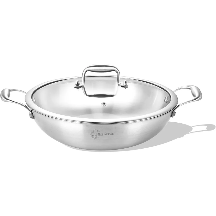 

11 Inch TriPly Stainless Steel Wok Pan with Lid for Deep Frying Jumbo Cooking InductionCompatible Design Suitable for All Stove