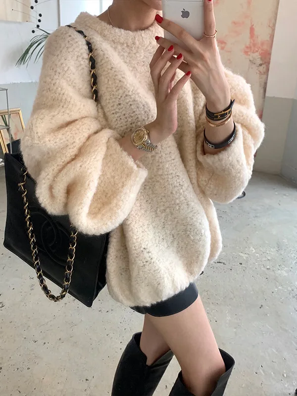 Ladies' Loose Lazy Style Particle Fleece Lambskin Imitation Knitted Sweater round Neck Thickened Medium Length for Middle-Age...
