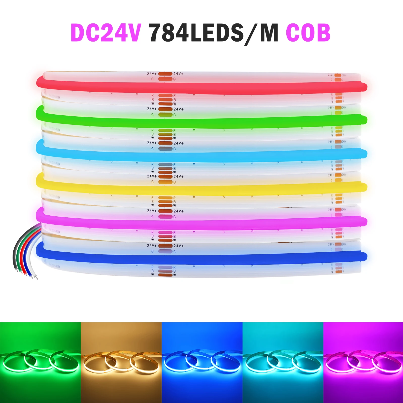 5m DC24V COB RGBW RGBWW LED Light Strip 5pin 12mm 784LEDs RGBCW Flexible COB Linear Lights High Density RA90 Dimmable IP30/IP67