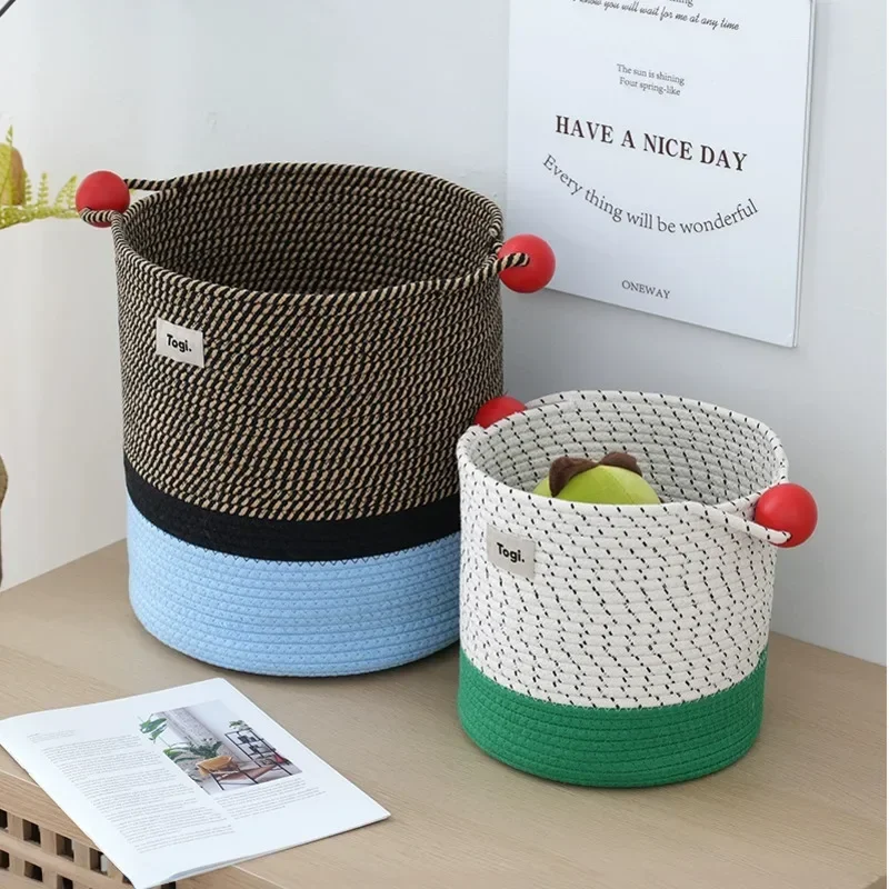 

Nordic Countryside Style Dirty Clothes Basket Hand Woven Cotton Thread Storage Basket Cartoon Cute Bedroom Sorting Box