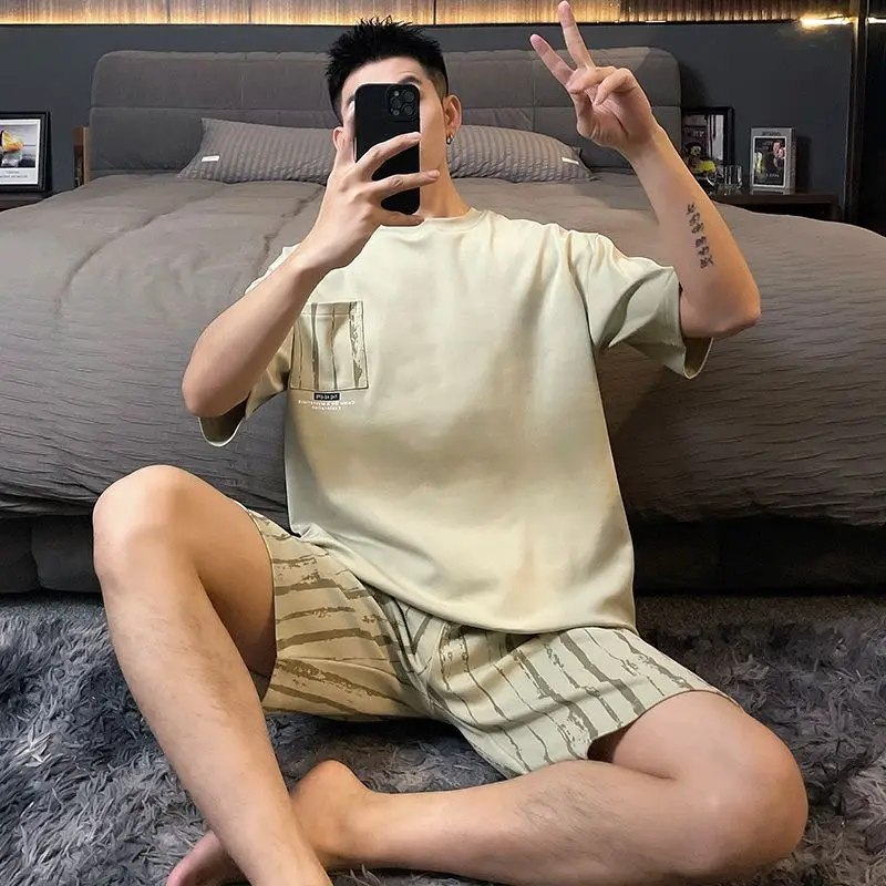 

Large Size Summer Cotton Pajamas Men Cartoon Striped Short-sleeved Shorts Home Clothes Korean Simple Casual Student Loungewear