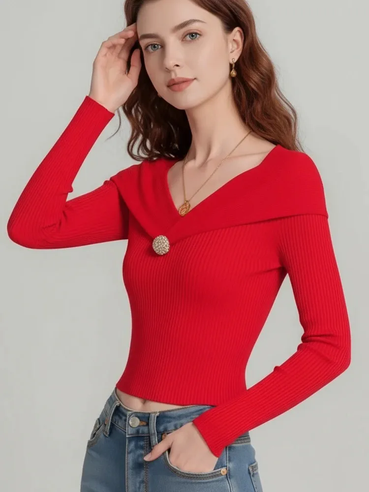 2025 Fashion Women Long Sleeve V-neck Sweater Fall Casual Solod Color Slim Fit Pullover Elegant Knitted Primershirt for Women