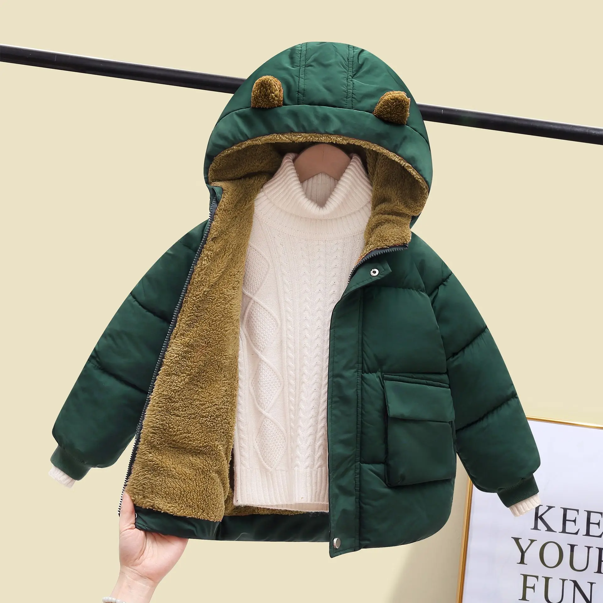 New 2025 Baby Boys Girls Hooded Zipper Solid Plush Down Jackets Children's Winter Cotton-padded Thicken Warm Coat Outerwear
