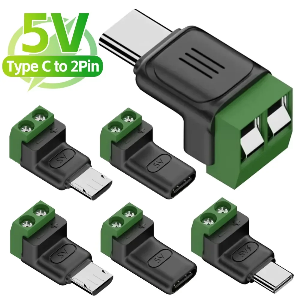 1-5PCS Solderless Terminal Adapter USB C/Micro Male To 2Pin Type-C Female To 2 Pin Crimp Terminal Block 5V Charge Connectors