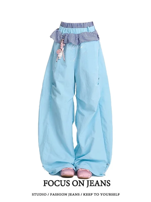 ドーパミンバレエスタイル花柄レース非対称ハイウエストワイドレッグカジュアルパンツ女性夏新ダンス軽量速乾