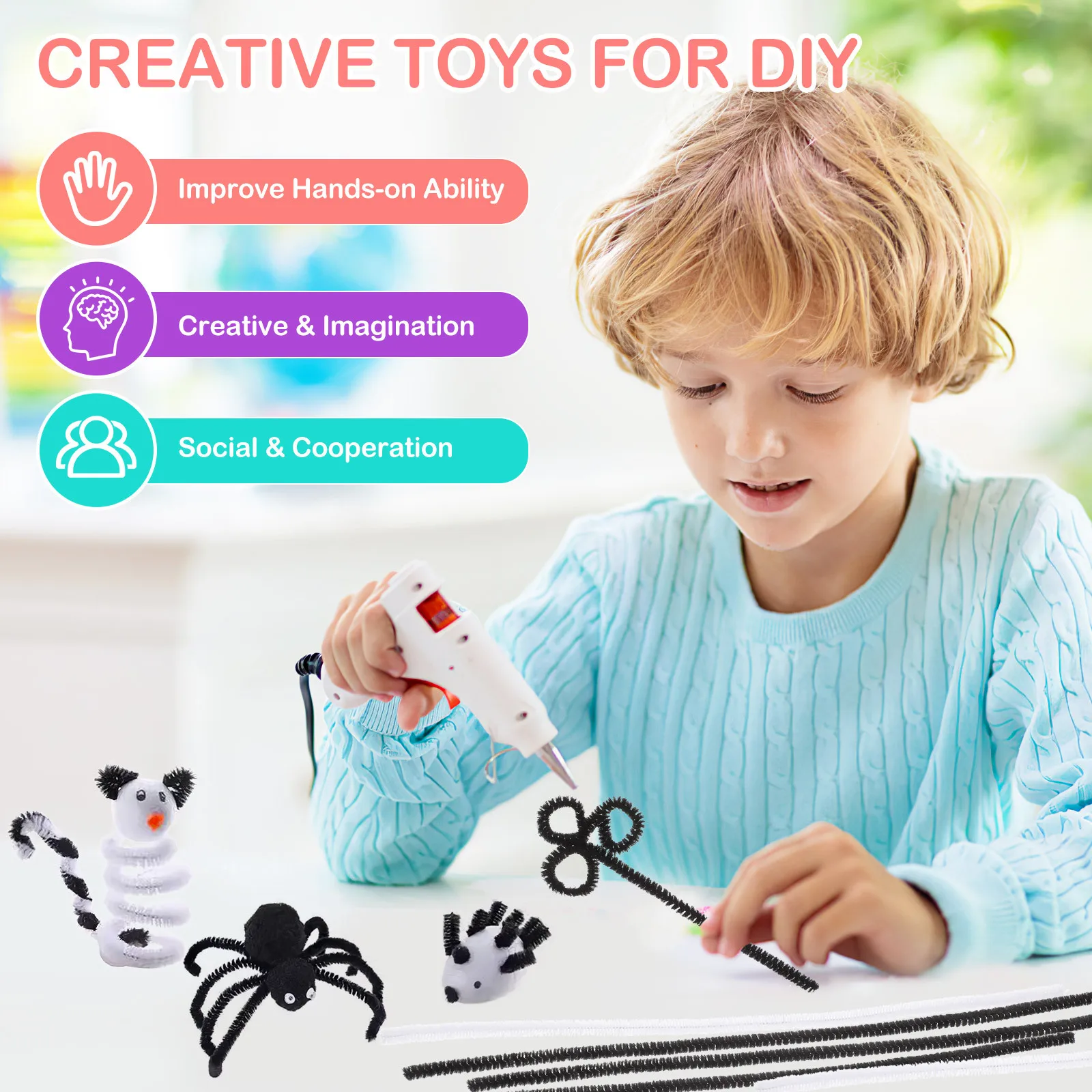 

200Pcs Chenille Stem Wires Flexible DIY Craft Material for Children's Imagination Development Black White Party Decor Supplies