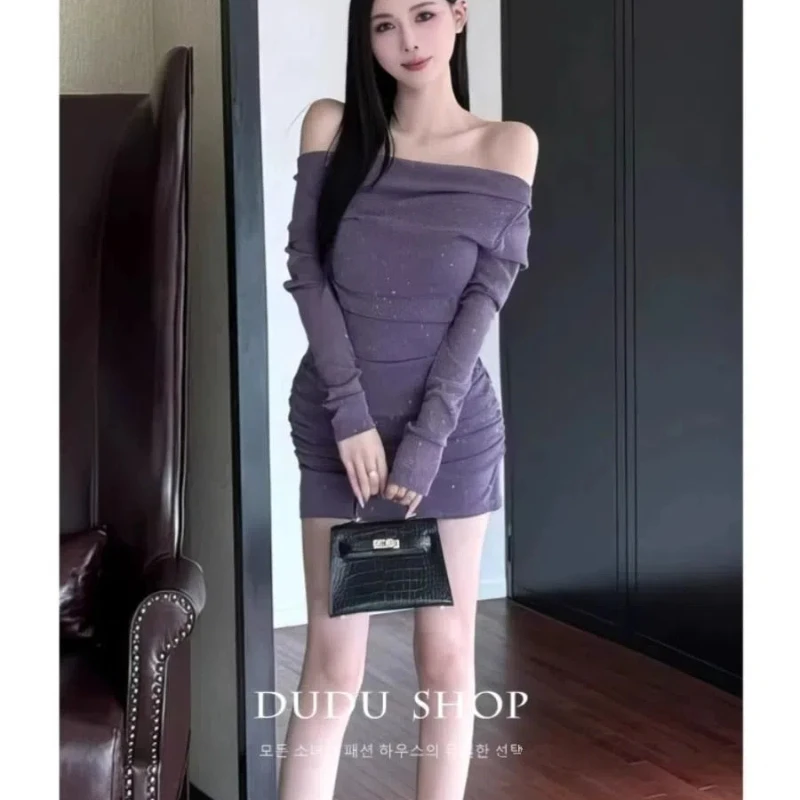 

Purple Mesh One-shoulder Women's Outfit with High-end Feel Unique and Beautiful Dress with Waist and Hips