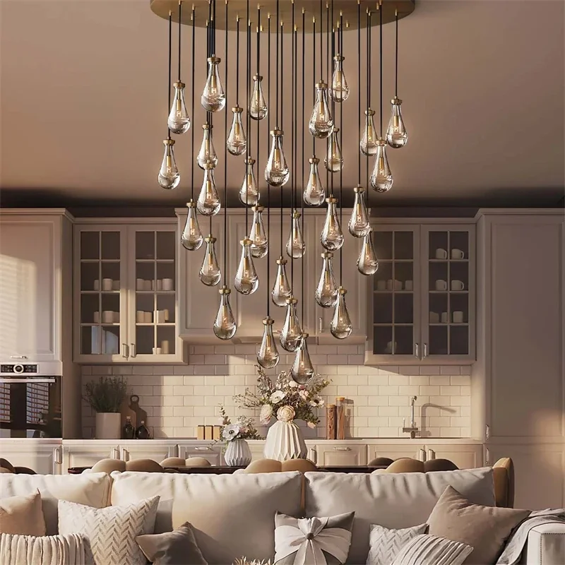 Modern luxurious living room pendant light glass water dropl Nordic restaurant home appliance villa duplex glass ceiling lamp