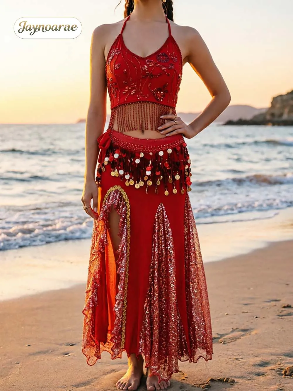 JAYNOARAE 3-Piece Belly Dance Set Sequin Fringe Halter Crop Top & Chiffon Split Skirt with Belt for Halloween Stage Performance