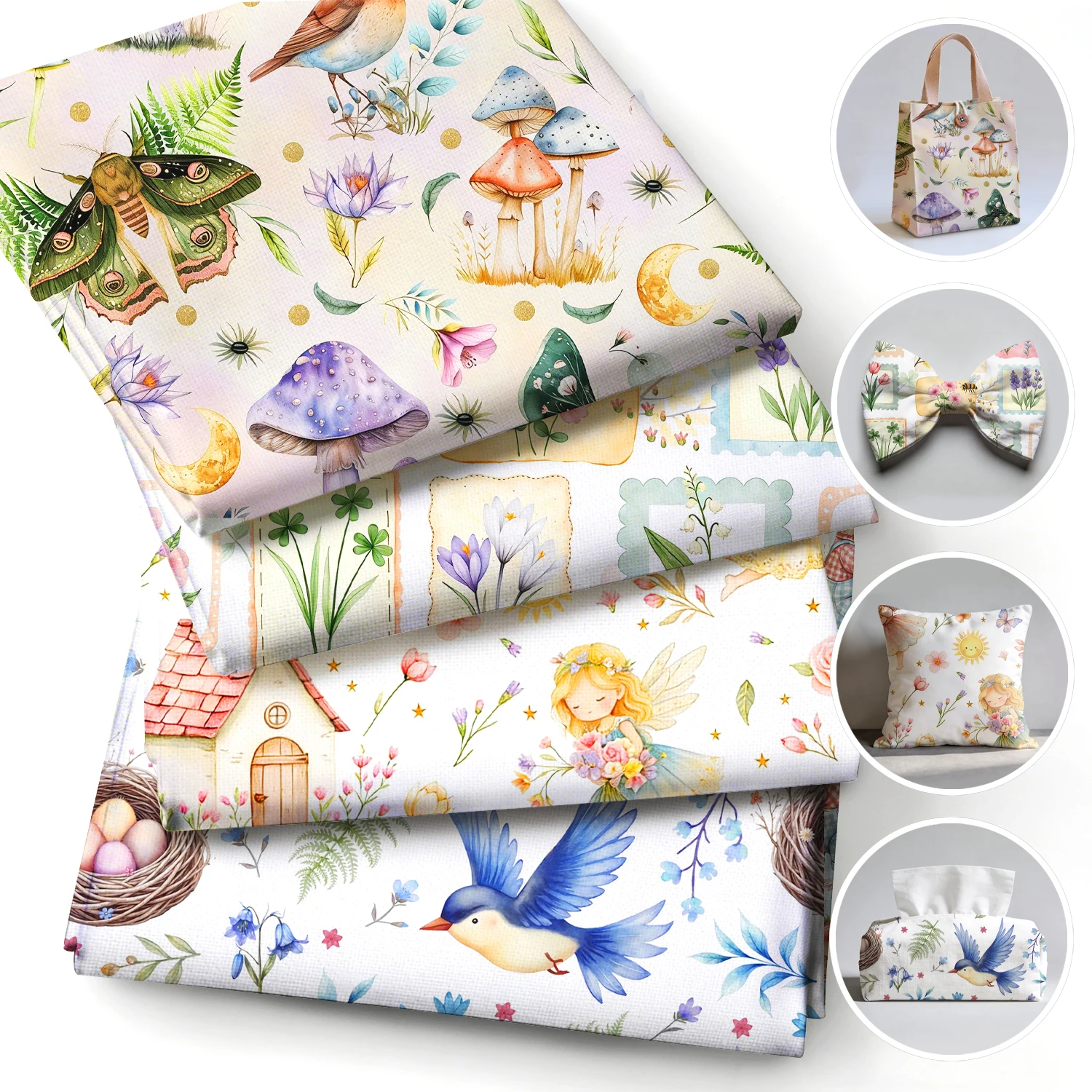 50*145cm Cute Little Girl Mushroom Bird Polyester Fabric for Tissue Sewing Quilting Fabrics Needlework Material DIY Handmade