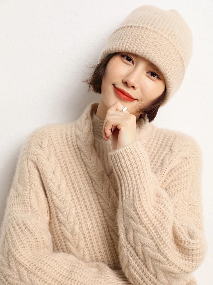 Yoyoselect 100% Cashmere Hat Women's Cute Knitted Cap Autumn Winter Comfortable Casual Hat Basic Soft Warm Popular Slim Cap
