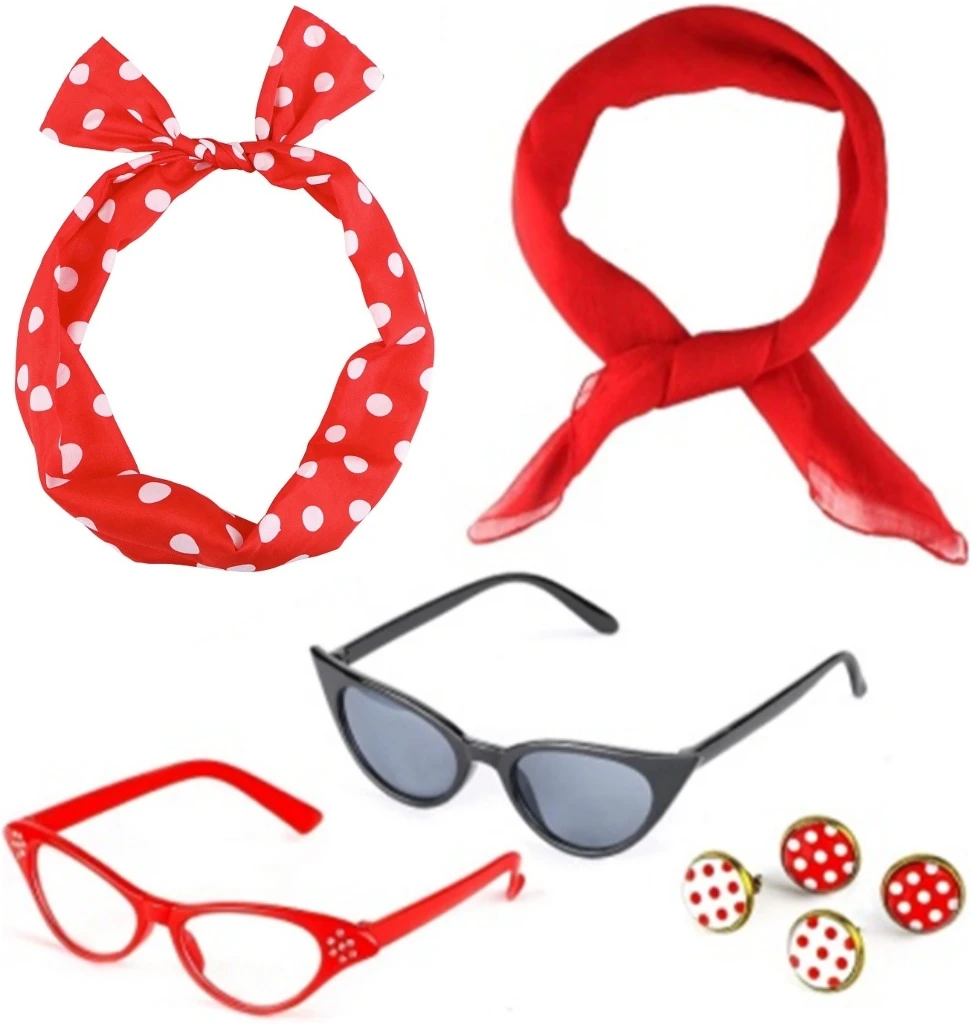 

PESENAR 1950s Vintage Style Women's Bachelor Party Palka Dots Hairband Glasses Earrings 6 Piece Set