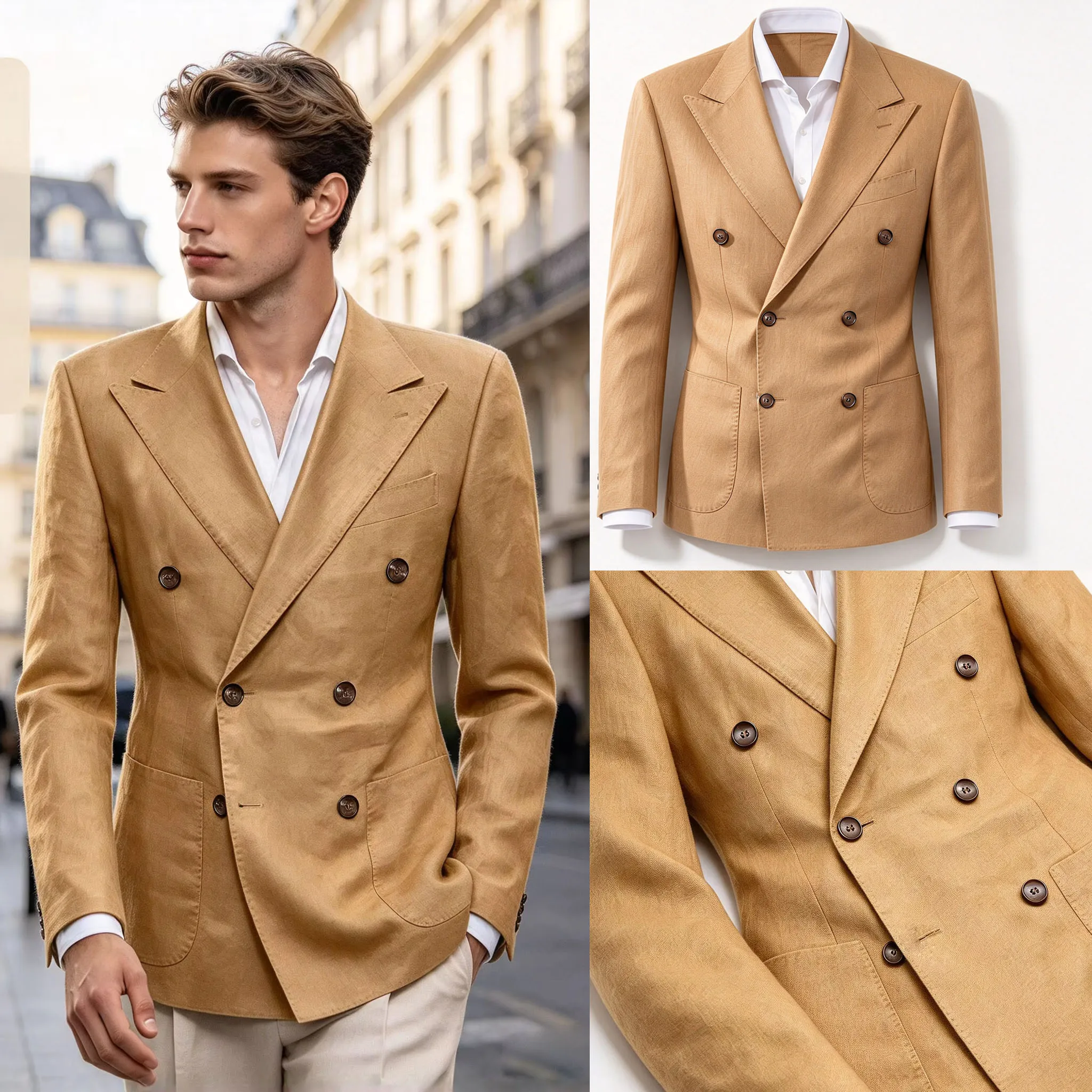 Men's Double Breasted Linen Blazer Peak Lapel Suit Jacket Slim Fit Coat Vintage Wedding Business Prom Casual Summer
