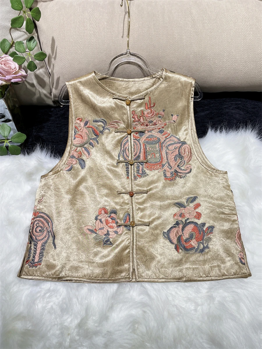 

New Chinese Sle Heavy Embroidery Acetate Old Money Sle Vest Top Women's Loose Fit round Ne Svel Traditional Costume