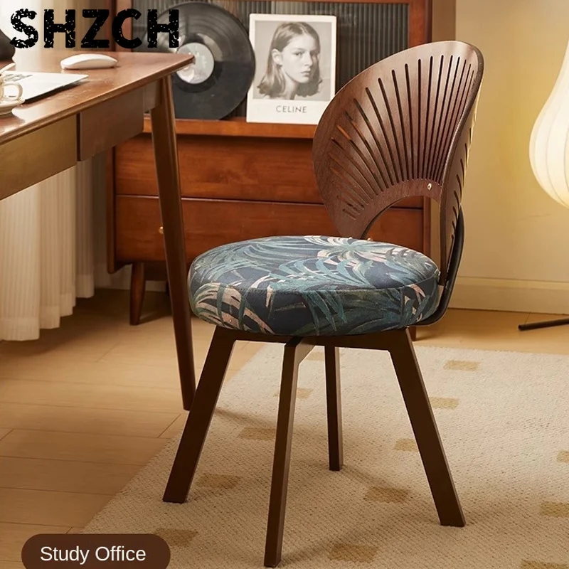 Dining Chair Swivel Shell Living Room Chair Solid Wood  Backrest Swivel Seat Carbon Steel Feet Bedroom Study Stool Makeup Chair