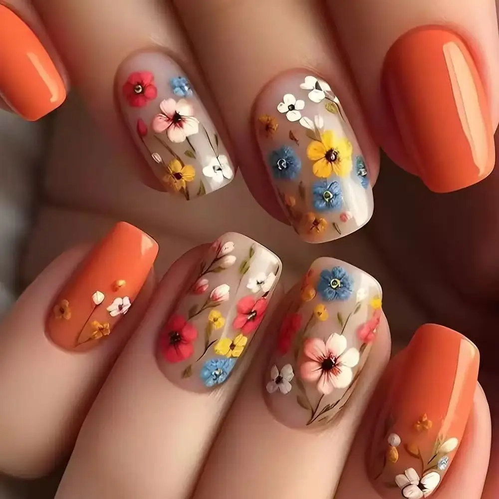 

24PCS Orange Press on Nails Short Square Fake Nails with Hand Painted Colorful Wildflower Details Fresh Spring Floral Nail Art