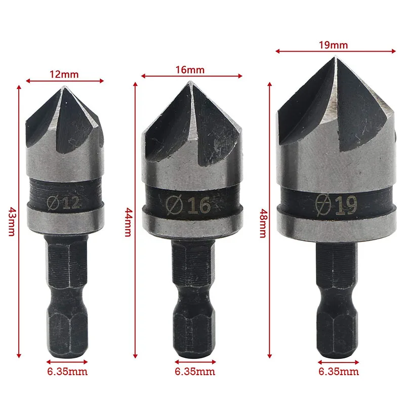 3Pcs Hexagonal Shank Five Blade Chamferer 12/16/19mm Carbon Steel Countersink Drill Bit Set Woodworking Hole Opener Tools