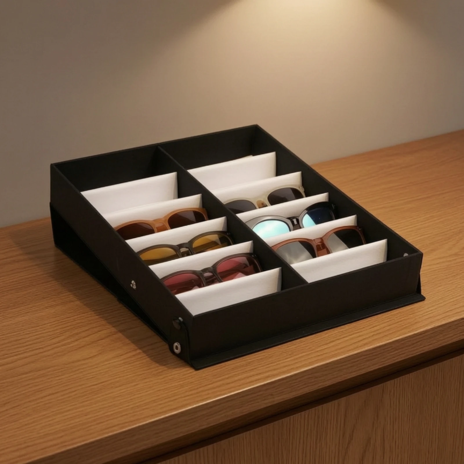 Eyeglass Storage Box with Compartments Padded Tabletop Eyeglass Display Box Foldable Sunglasses Organizer Collapsible
