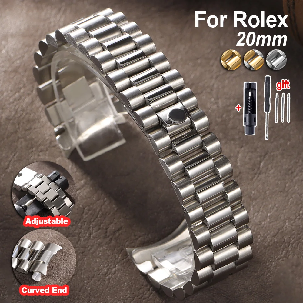 

Curved End Stainless Steel Strap 20mm for Rolex for Oyster Metal Watch Band Folding Buckle Solid Bracelet Men Watch Accessories