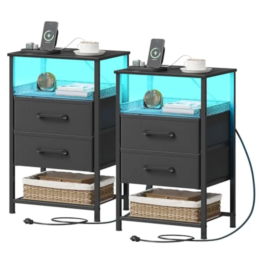 

Комплект из 2 прикроватных тумбочек с зарядной станцией и LED-подсветкой, высотой 26,4 дюйма, металлические приставные столики с 2 тканевыми ящиками для спальни