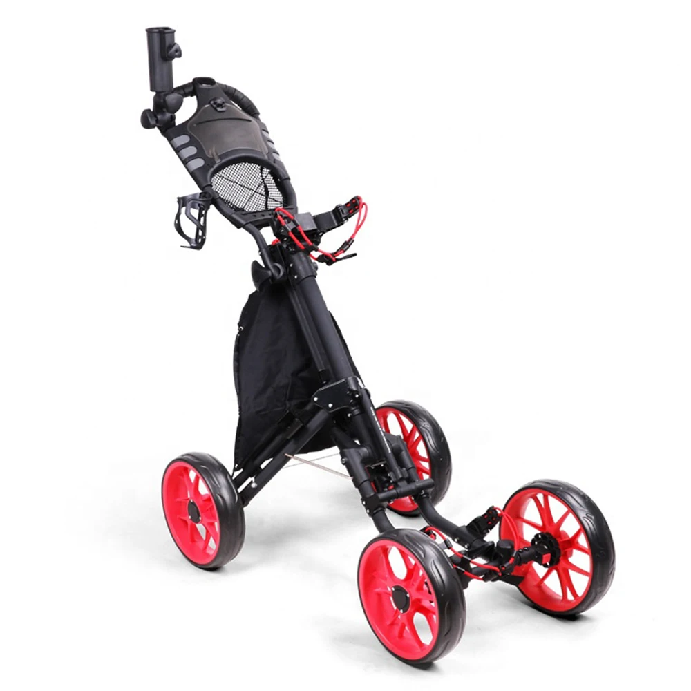 Foldable 4 Wheel Golf Push Cart Golf Trolley with Foot Brake Umbrella Holder Drink Holder Cool Bag