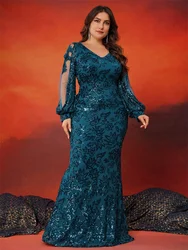 XUIBOL Plus Size Elegant Long Sleeve Sequin Evening Dress Luxury Women Mermaid Wedding Party Formal Bridesmaid Prom Gowns