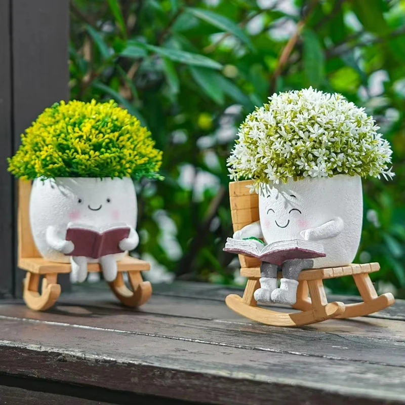 Creative Rocking Chair/swing Face Planter Pot Cute Resin Head Planter Flower Pot With Drainage Hole Home Garden Flower Container
