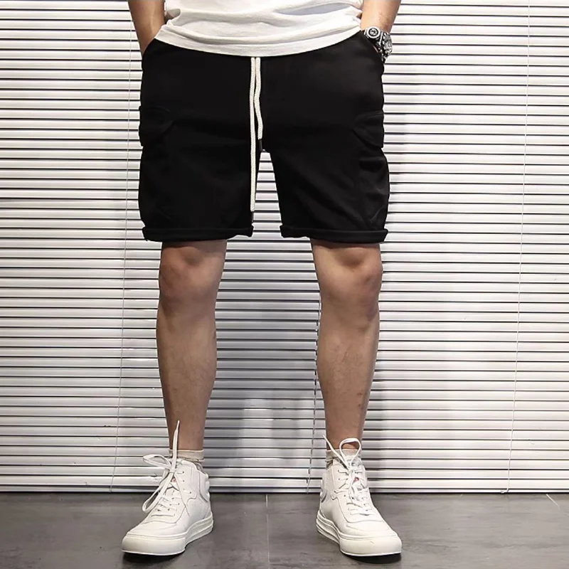 Bermuda Short Pants for Men Solid with Pockets Hiking Draw String Mens Cargo Shorts Vintage Cotton Summer Y2k Harajuku Loose Hot