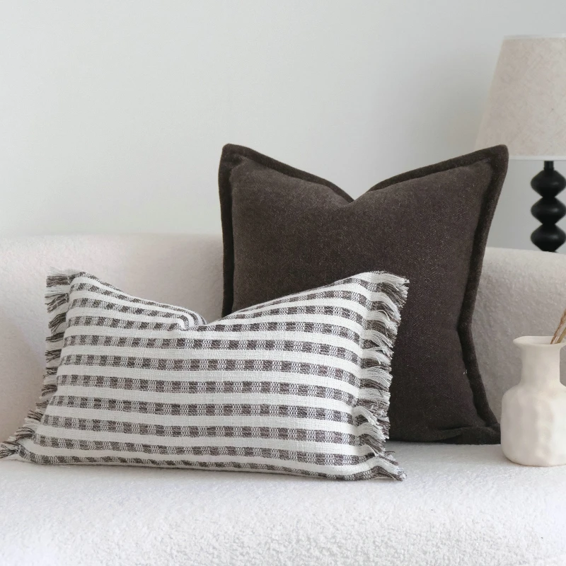 

Grey Brown Retro Jacquard Cushion Cover Modern Luxury Texture Striped Woven Tassel Pillow Cover Linen-cotton Decor Home