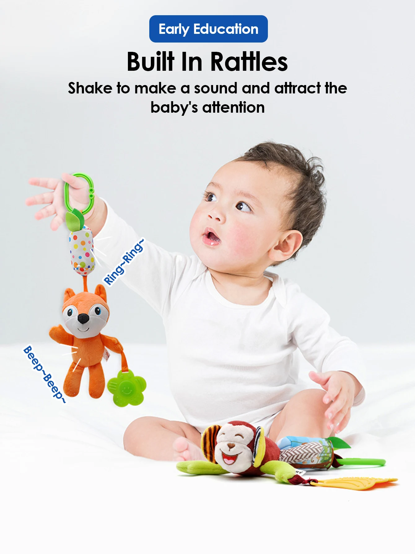 1 passeggino in peluche in rattan neonato giocattolo con ciondolo animale del fumetto, giocattolo sensoriale per bambini precoci, ciondolo confortevole per seggiolino di sicurezza per bambini