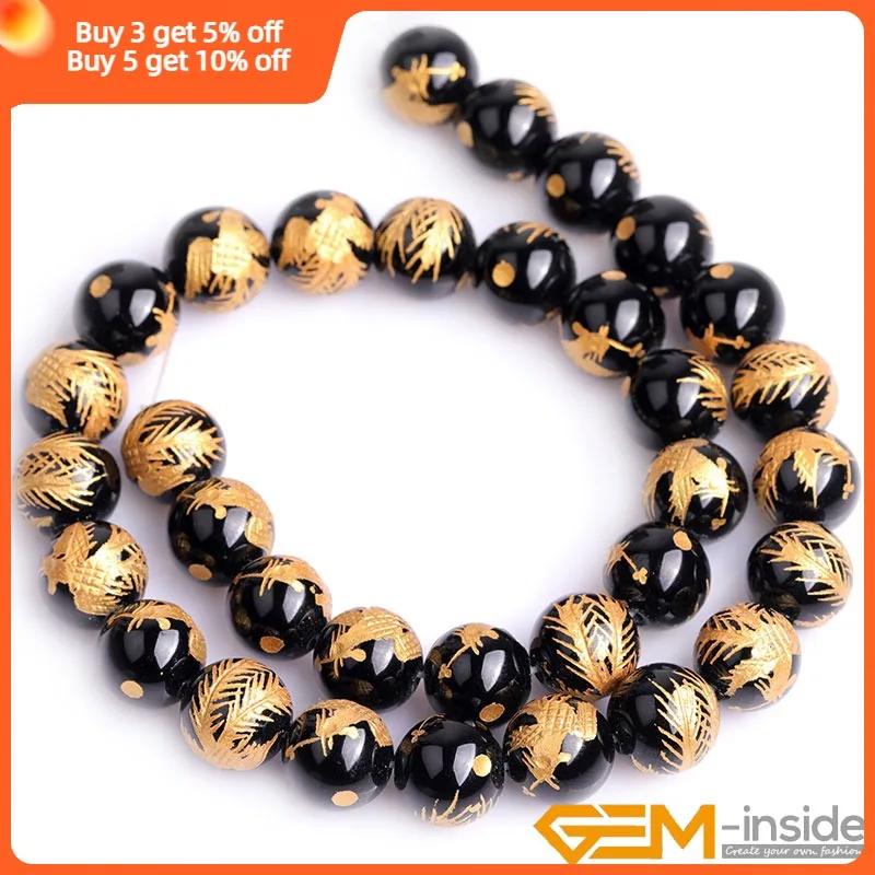 Natural Black Agates Carved  Dragon Turtle Tiger Phoenix Round Accessorries Loose Spacer Beads For Jewelry Making Strand 15 Inch