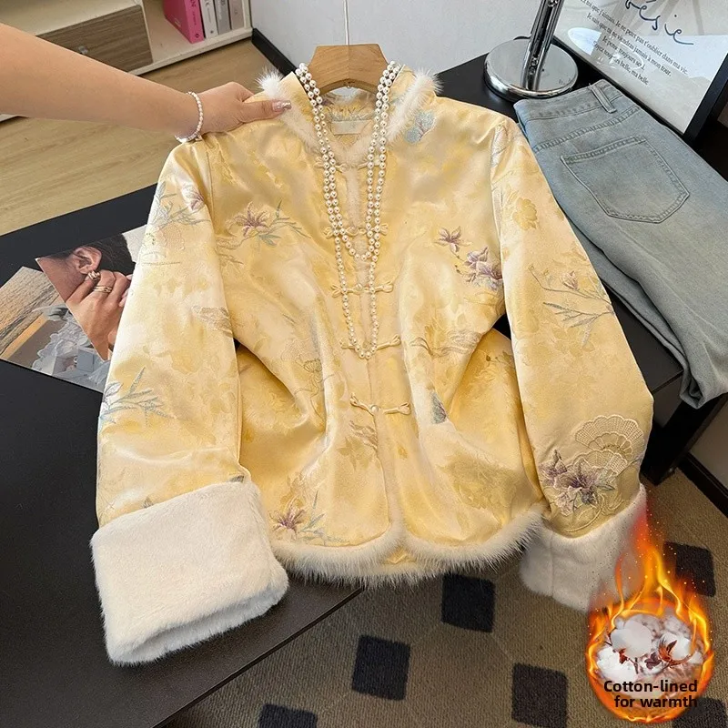 

Thiened Satin Floral Embroidery Stand Collar Improved Tang Suit Hanfu Women's Outerwear Jaet Traditional Chinese Costume