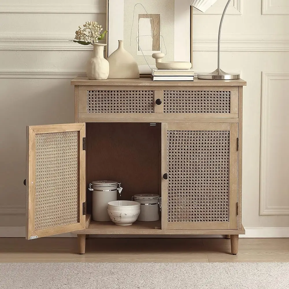 

Storage Cabinet, Mid Modern Accent Cabinet With Rattan Doors, Kitchen Buffet Sideboard Cabinet With Drawers For Entryway Living