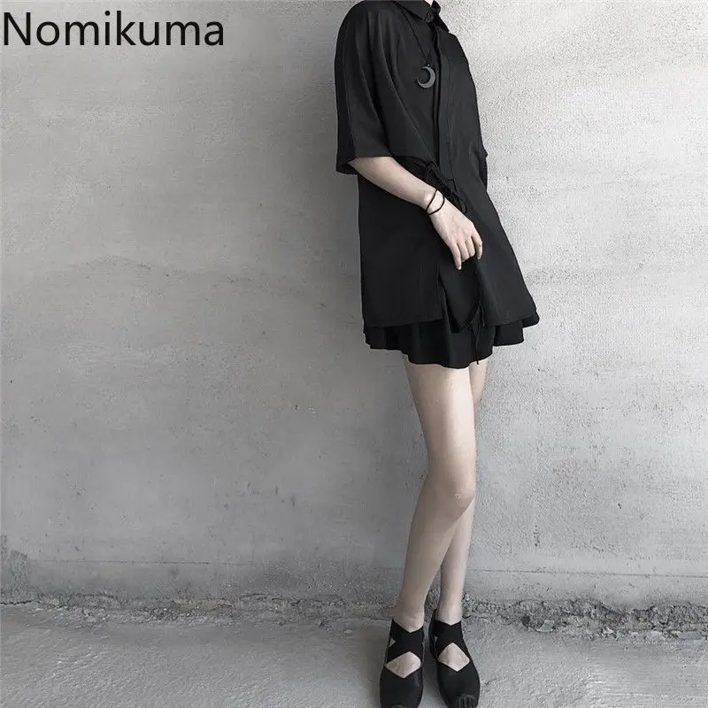 Harajuku Black Blouses Women Japanese Summer Shirts Oversized Y2k Tops 2024 Blusas Mujer De Moda Bandage Casual Fashion Blouse