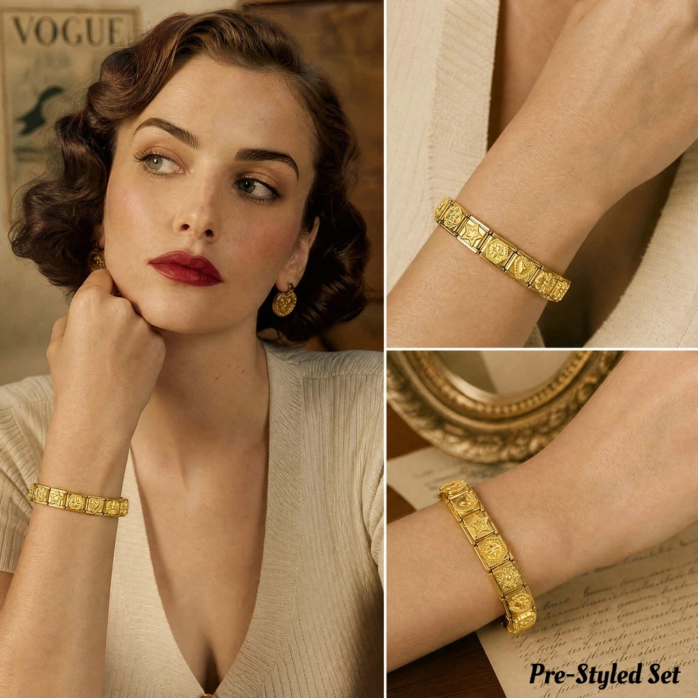 Vintage Embossed Flower Heart Star Italian Module Bracelet Gold‑Plated Stainless Steel DIY Removable Links Ladies Bangle Jewelry