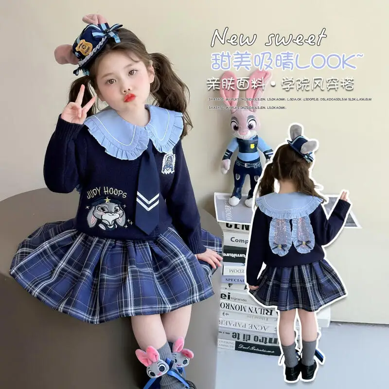 

Anime Disney Judy Hopps Cardigan Sweater Shirt Skirt Tie Suit Cartoon Bunny Cop Children Sweet Girls Preppy Style Casual Set