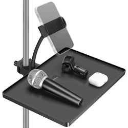 Microphone Stand Tray Mic Stand Tray with Phone Holder Adjustable Clamp On Stand for Singing Podcast Recording Streaming Stage