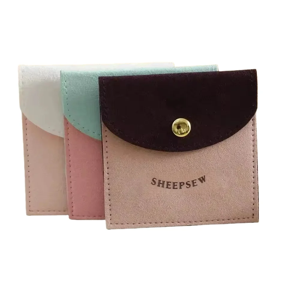 

50Pack Personalized Microfiber Jewelry Pouch Bags With logo Luxury Velvet Snap Button Pouch Earring Necklace Bracelet Pack