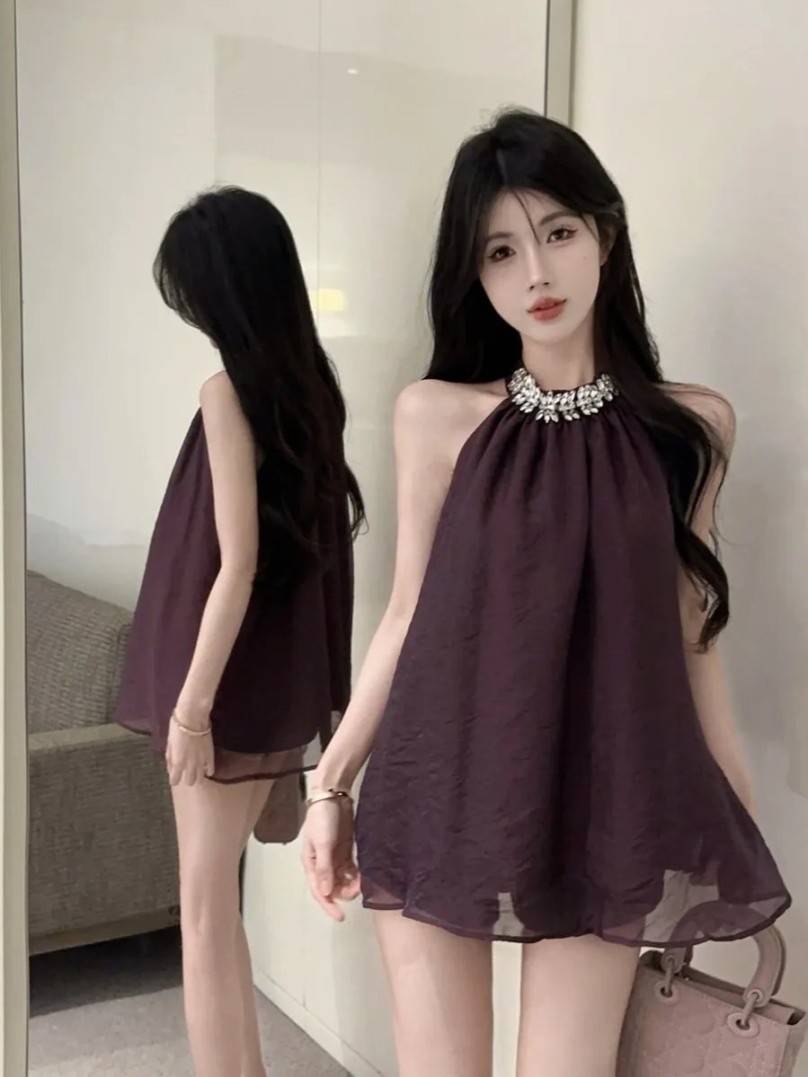 

Ele Purple Silk Strapl Vest Women's Summer Thai Sle Ne Hanging Tube Top Svel irt High End Unique Beau